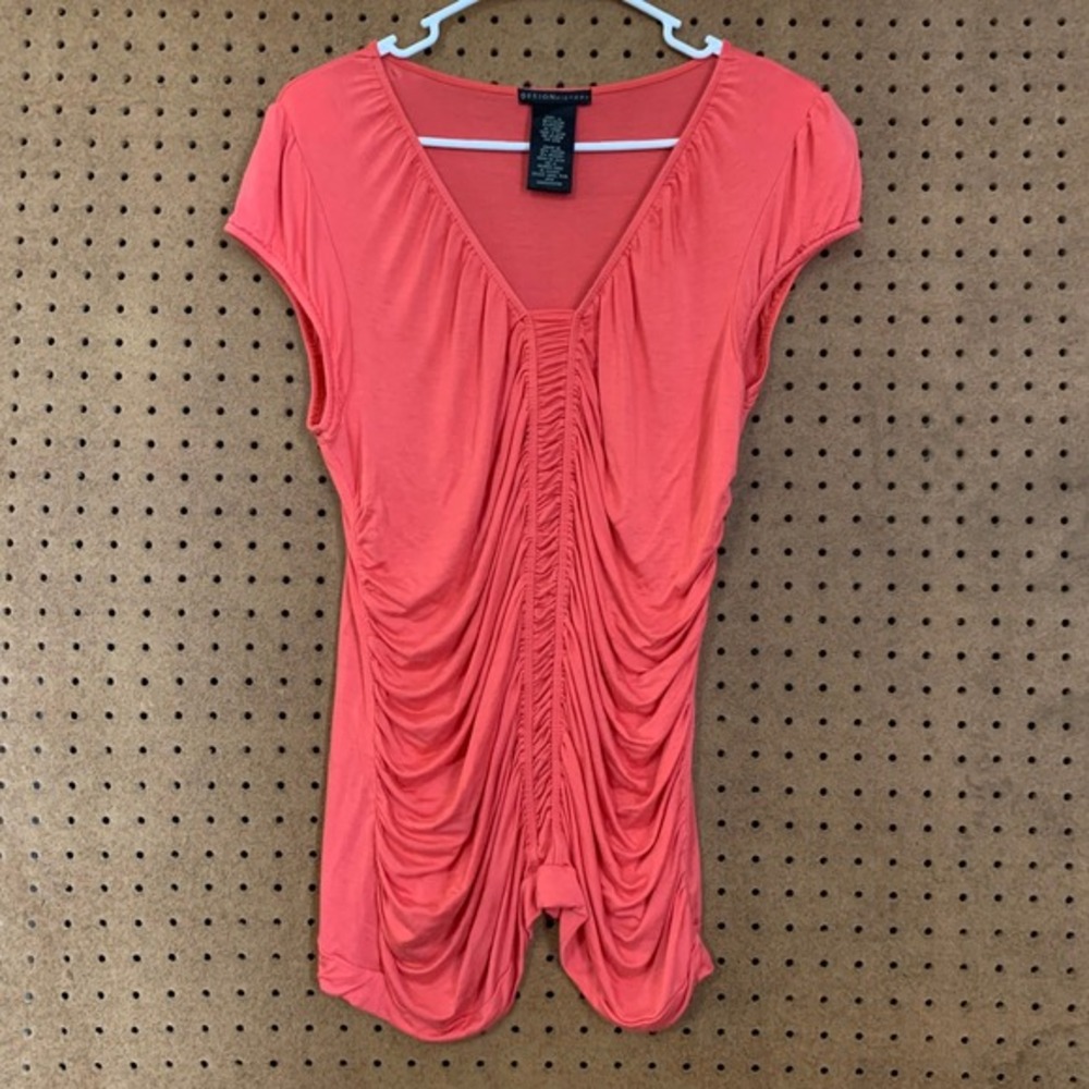 Y2K Vtg Coral Rose Ruched V Neck Top XL Scrunchy Stretch Going Out Top Funky